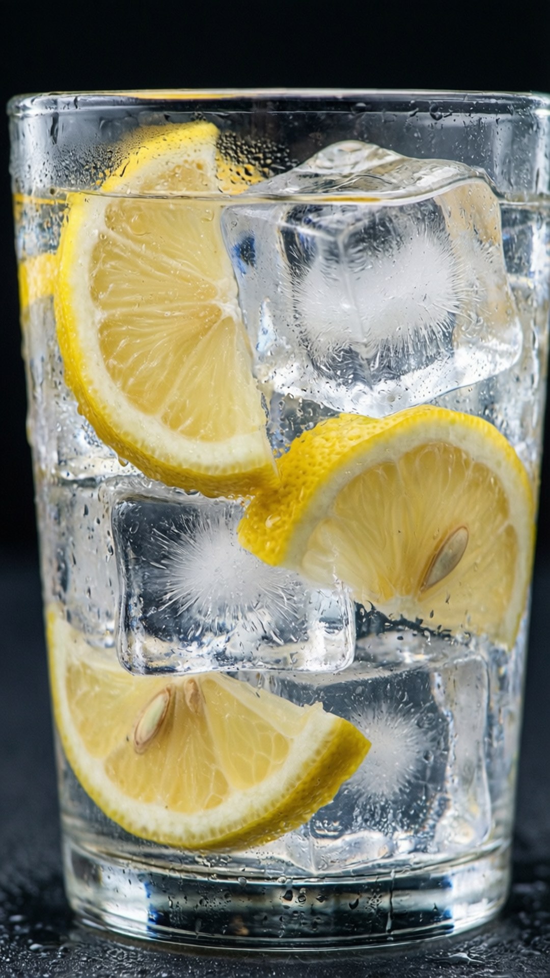 Lemon Ice Cubes 壁紙 — 一個透明玻璃杯，裝滿冰塊和鮮黃色檸檬片，放在水中，背景深色。