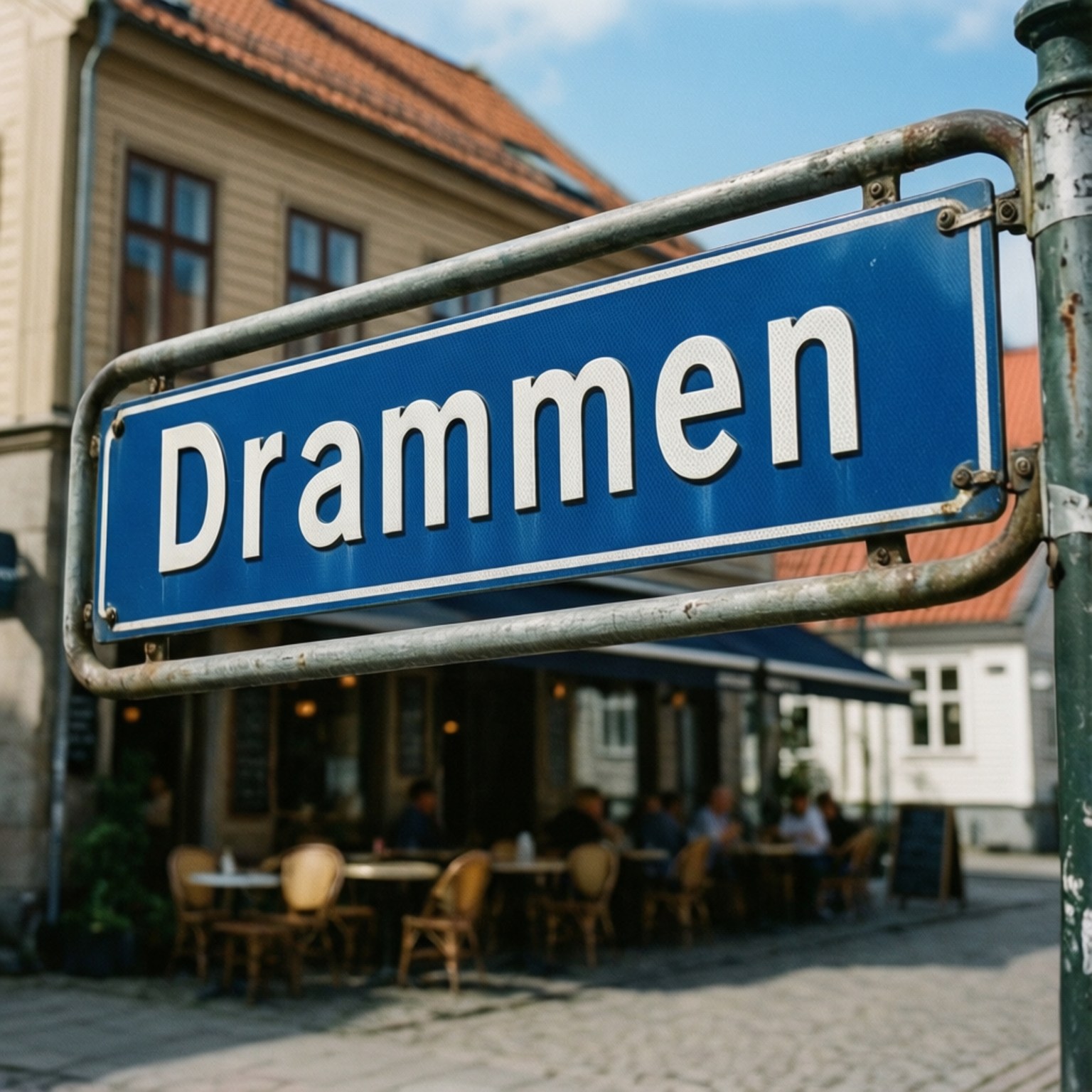 Drammen 桌布 壁紙 — 一個褪色的藍色路牌寫著 Drammen，懸掛在陽光普照的鵝卵石廣場上，廣場設有戶外咖啡桌和歷史建築。