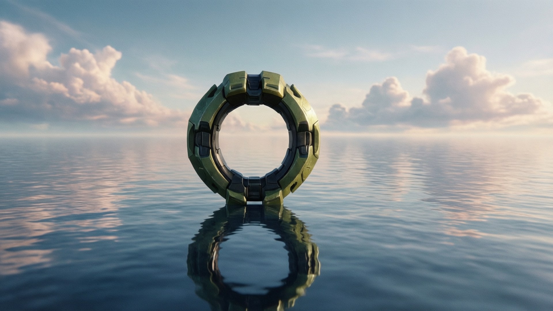 Halo Ring 桌布 壁紙 — 一個未來風格的綠色環狀結構在柔和多雲的天空下，平靜地漂浮在平靜的海面上。