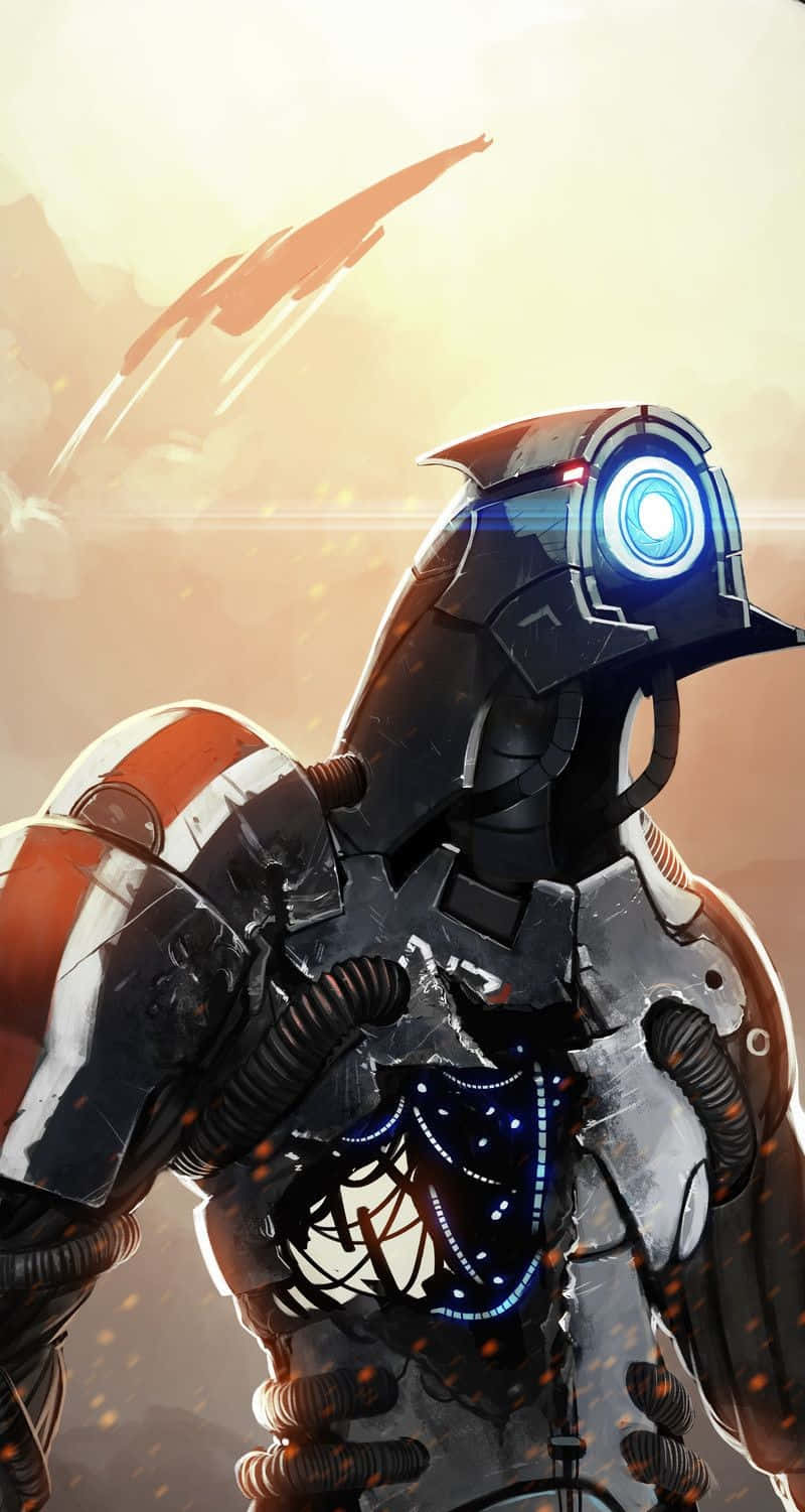 Mass Effect Legion 桌布 壁紙 — 一個未來風格的裝甲機器人，擁有發光的藍色眼睛，站在朦朧的沙漠景觀中，一艘流線型的太空船從頭頂飛過。
