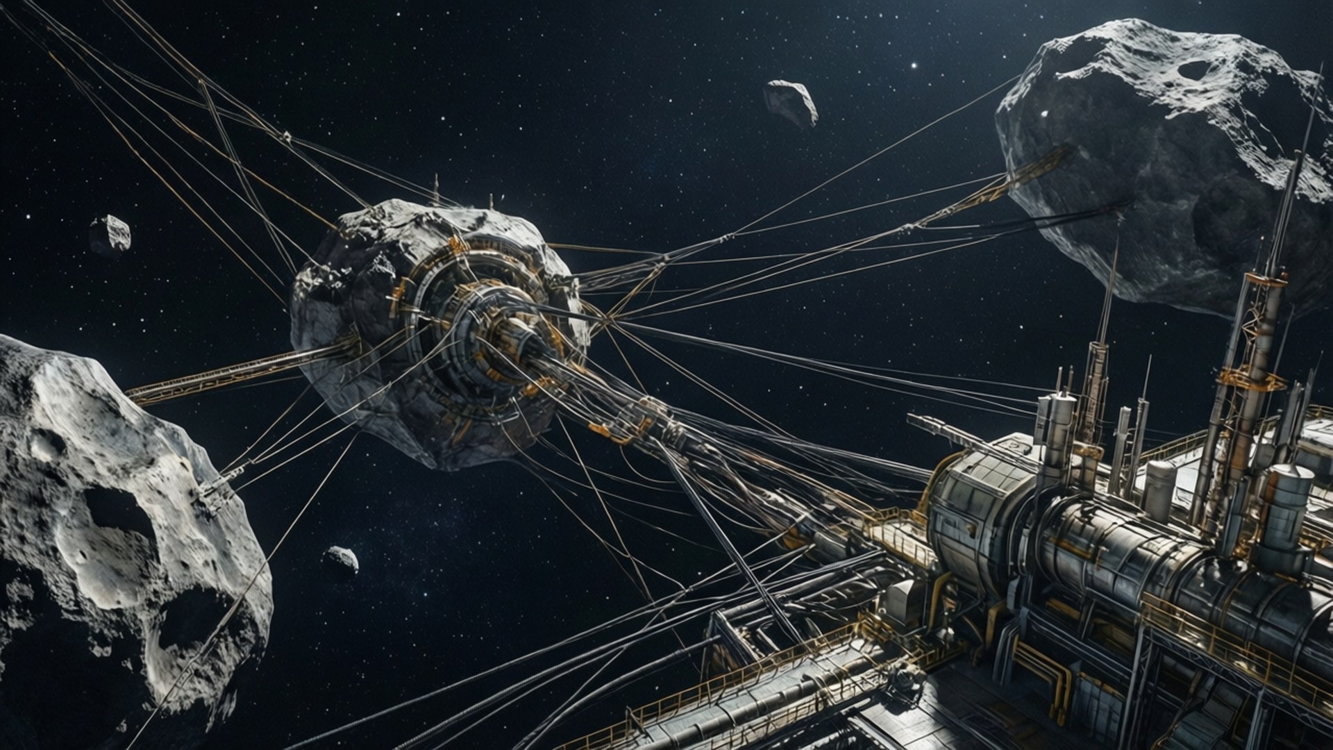 Gravity Tethers in Space 壁紙 — 一個未來主義的太空站繞著由電纜連接的小行星運行，背景是星空虛空。