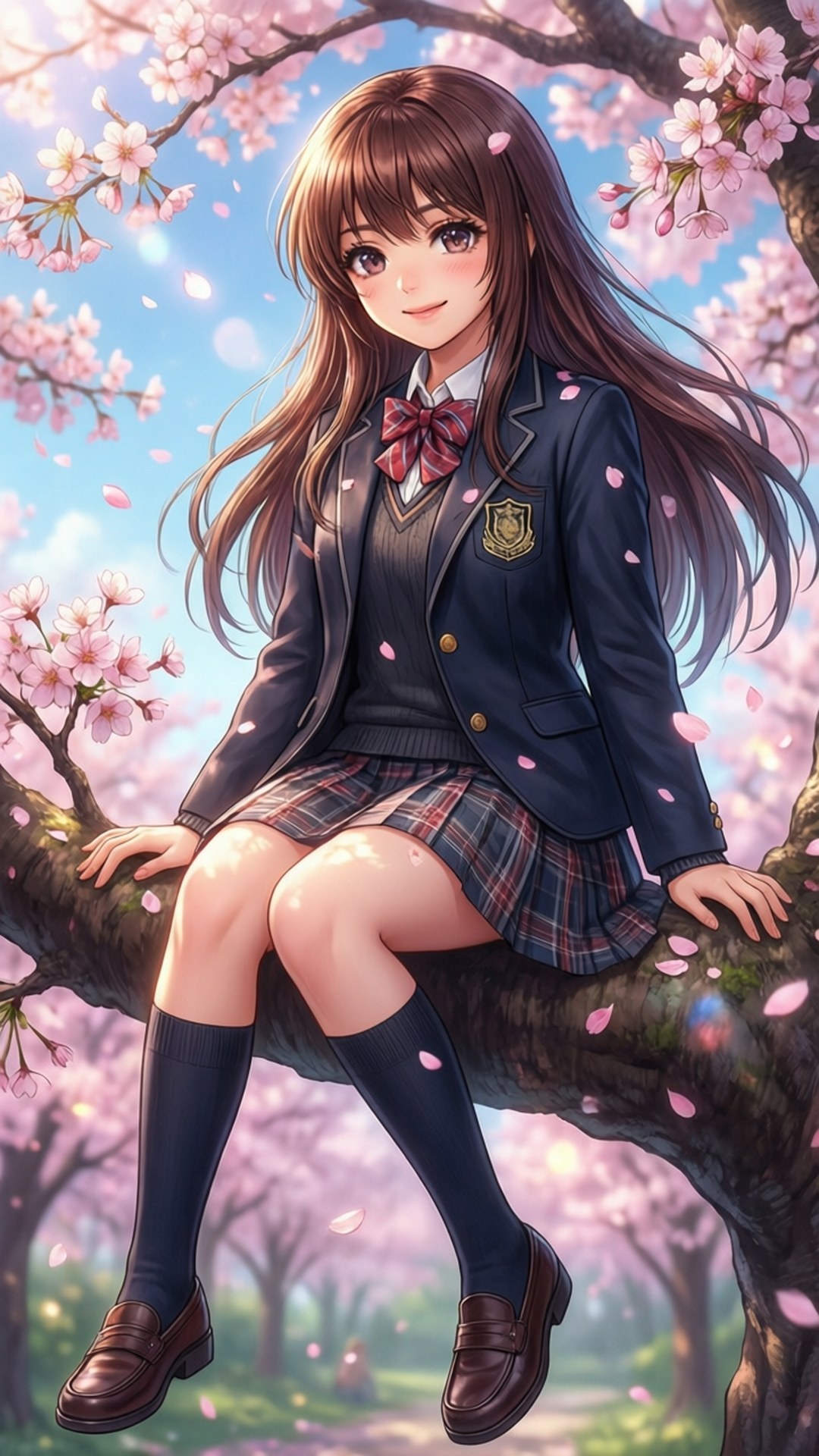 Ruka Cherry Blossom 壁紙 — 一個微笑的動漫女學生坐在櫻花樹枝上，粉紅色的花瓣在她周圍飄落。