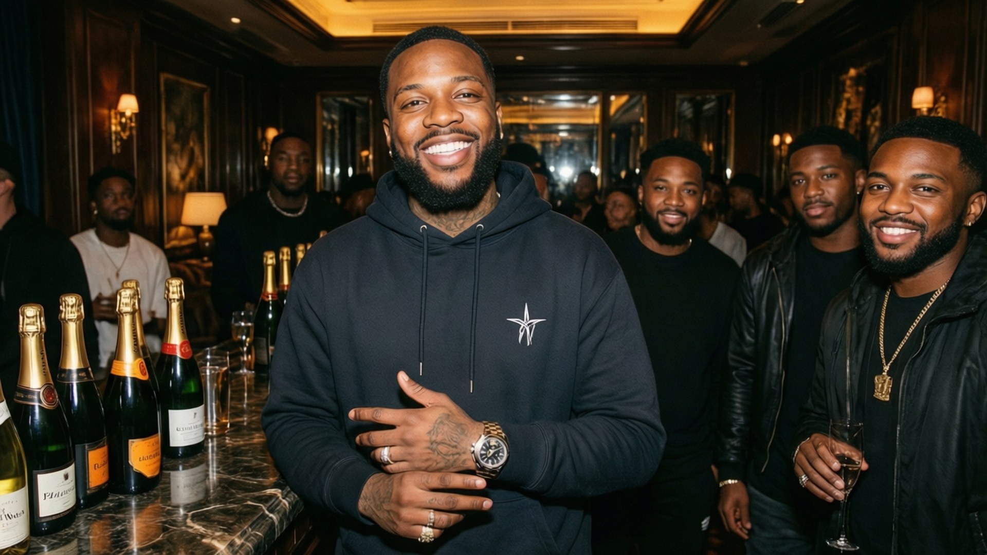 VIP Life Meek Mill 壁紙 — 一個微笑的男人穿著黑色連帽衫，站在大理石吧檯旁，周圍有香檳瓶子和朋友，在燈光昏暗的高級休息室。