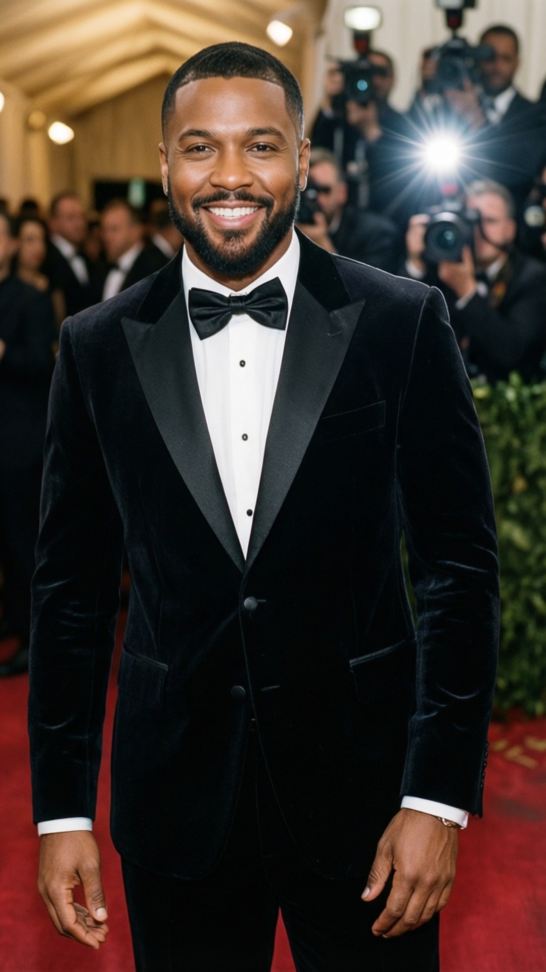 Red Carpet Glamour 壁紙 — 一個微笑的男人穿著黑色天鵝絨燕尾服配蝴蝶結，站在紅地毯上，被攝影師包圍。