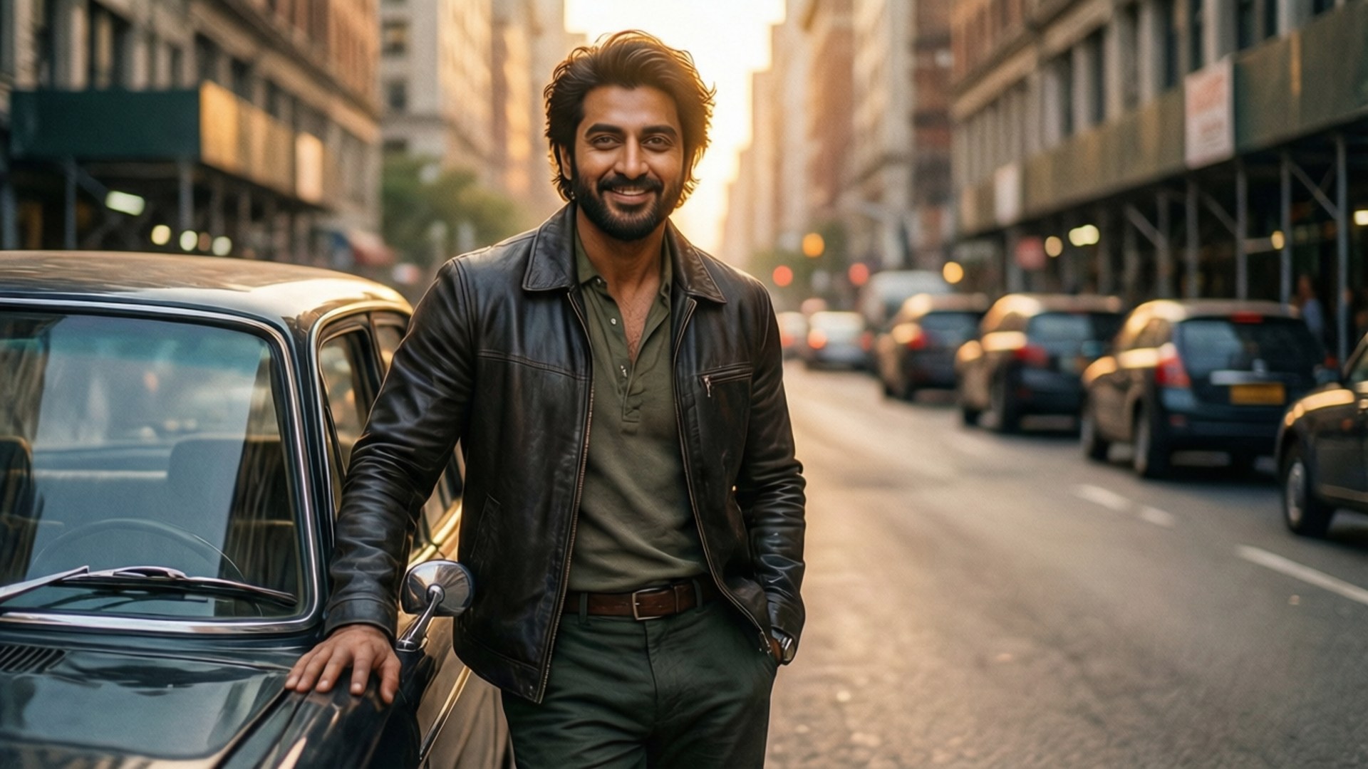 Sushant Singh Rajput 桌布 壁紙 — 一個微笑的男人穿著皮夾克，靠在一輛復古車上，背景是陽光明媚的城市街道，有高樓大廈和停放的汽車。