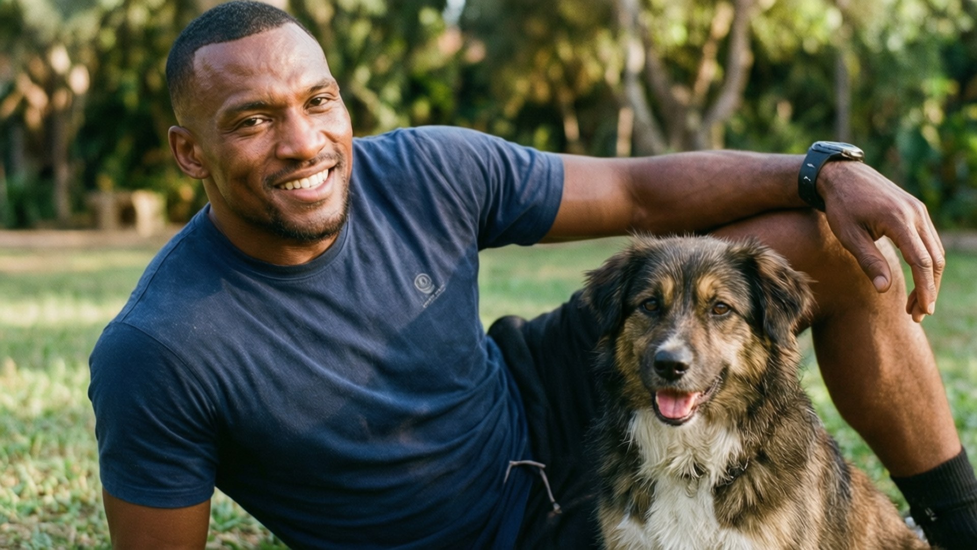 Adesanya and Dog 壁紙 — 一個微笑的男人穿著藍色T恤坐在草地上，旁邊有一隻快樂的棕白色狗。