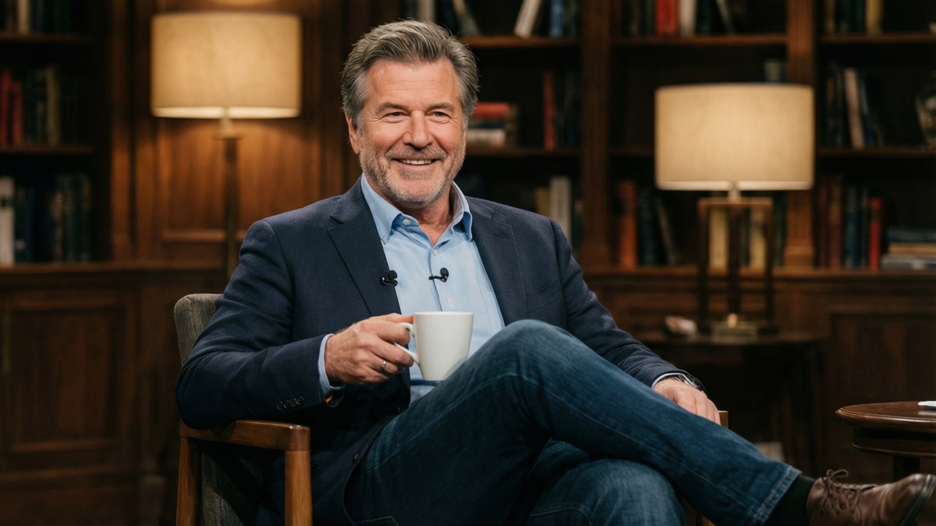 Interview Coffee Mug 壁紙 — 一個微笑的男人穿著深色西裝和牛仔褲，放鬆地坐在木椅上，拿著一個白色杯子，身後有書架和燈。