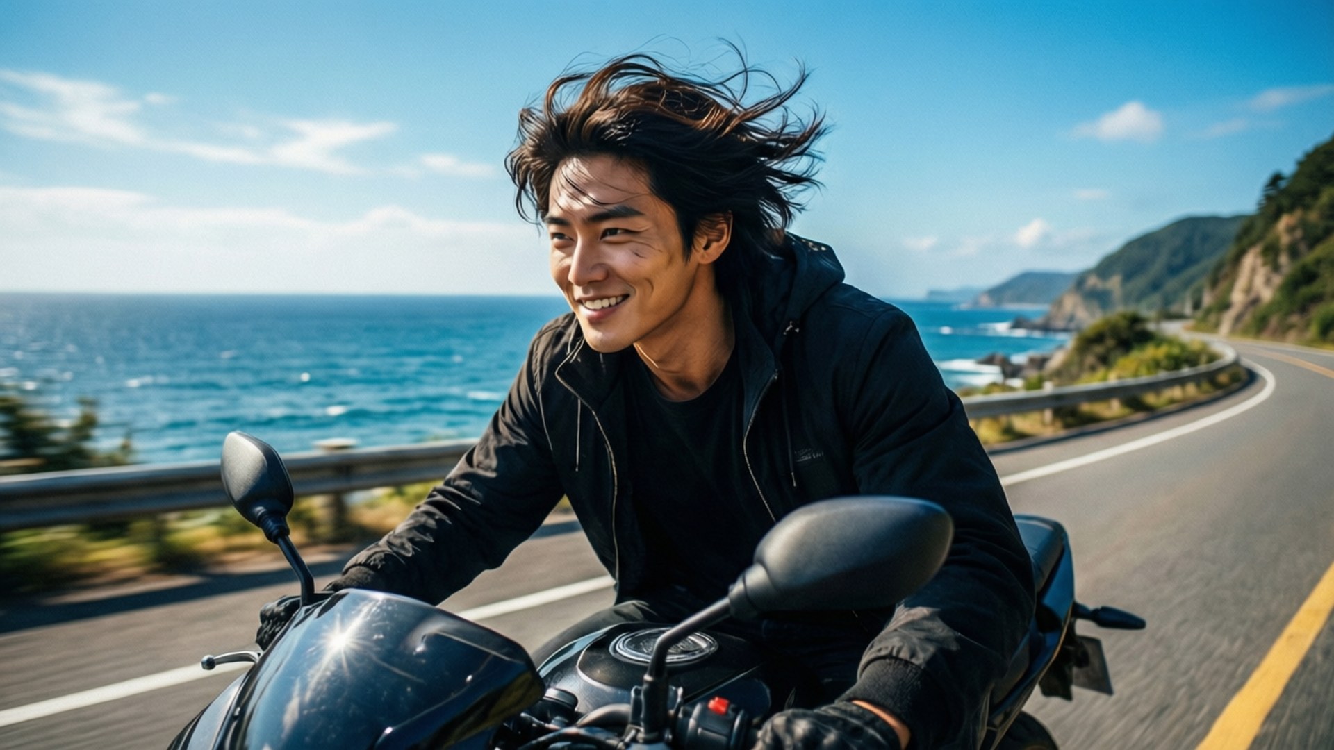 Bad Boy on a Bike 壁紙 — 一個微笑的男人騎著黑色機車沿海岸道路行駛，背景是藍色海洋和綠色山丘，天空晴朗。