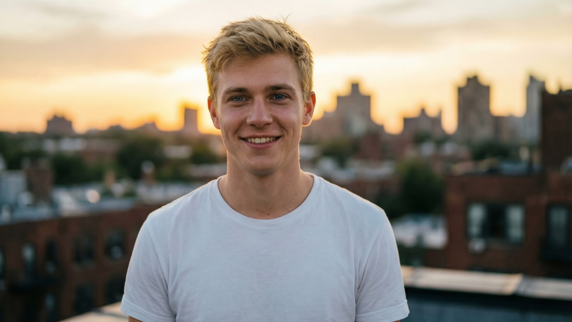 Ciaran 桌布 壁紙 — 一個微笑的年輕男子穿著白色T恤站在屋頂上，背後是溫暖的日落城市景觀。