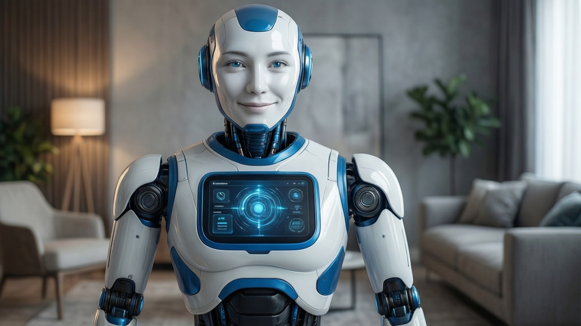 Robot Assistant Home 壁紙 — 一個微笑的人形機器人，帶有發光的藍色胸部面板，站在現代客廳中。