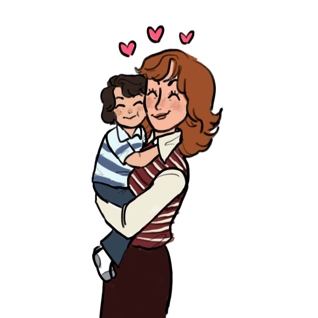  壁紙 — 一個溫暖的卡通插圖，描繪一位女士快樂地擁抱一個孩子，粉紅色的愛心在他們頭頂飄浮。