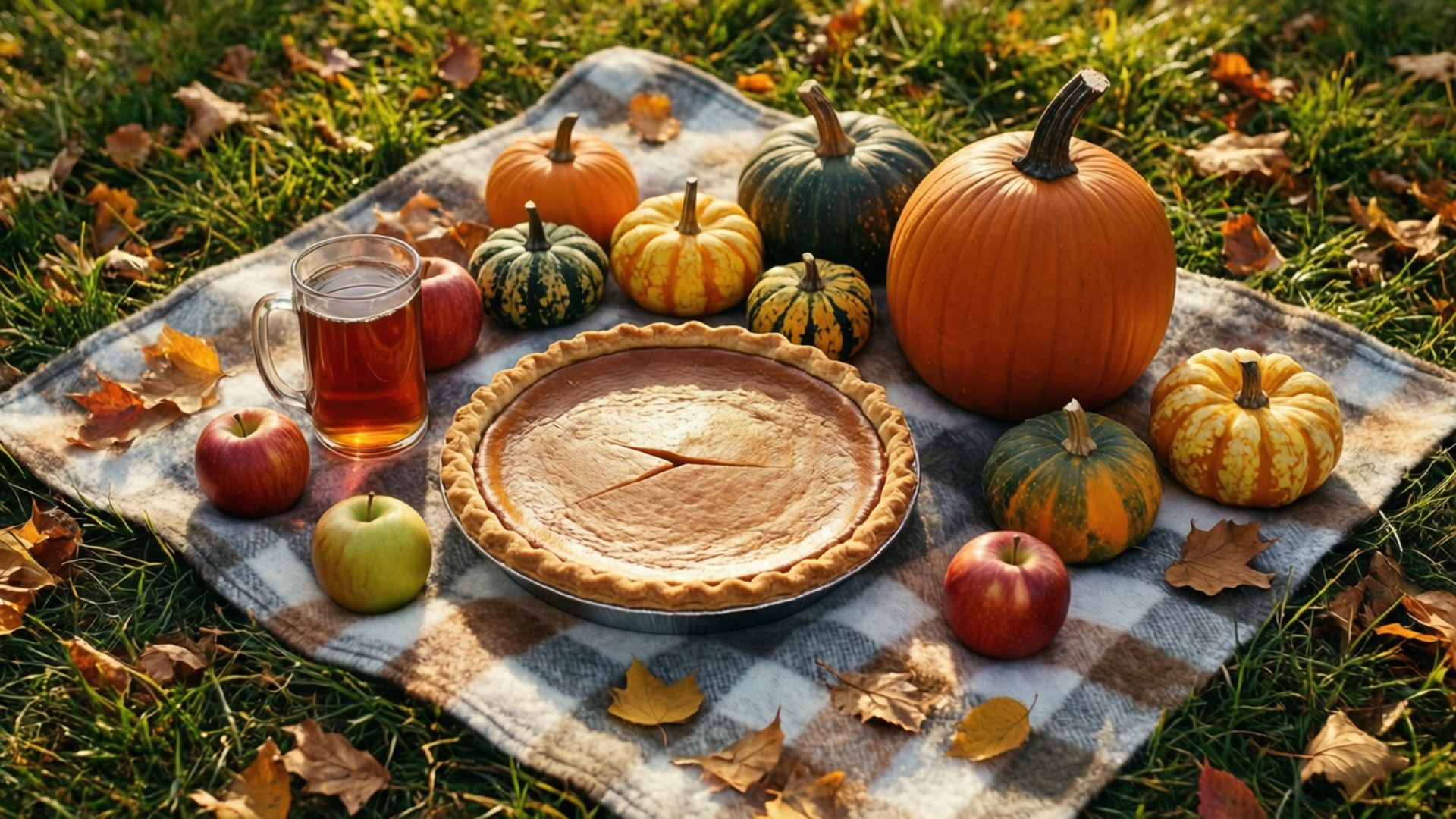 Fall Picnic Spread 壁紙 — 一個溫暖的南瓜派放在格紋毯中央，周圍環繞著南瓜、蘋果和秋葉，沐浴在金色陽光下。