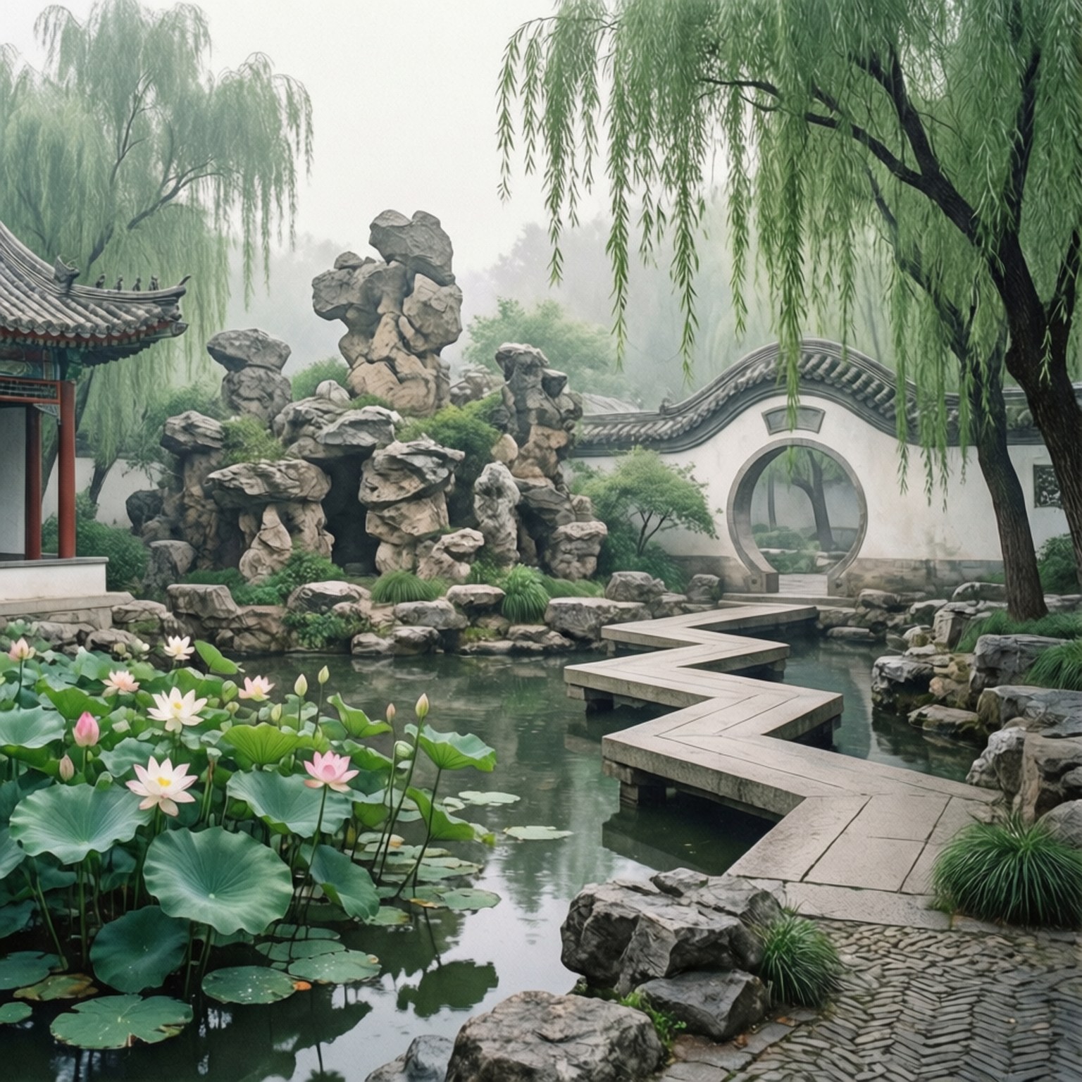 北京 桌布 壁紙 — 一個霧氣瀰漫的傳統中式花園，有石橋、垂柳、蓮花，以及一個月門框住遠處的樹木。