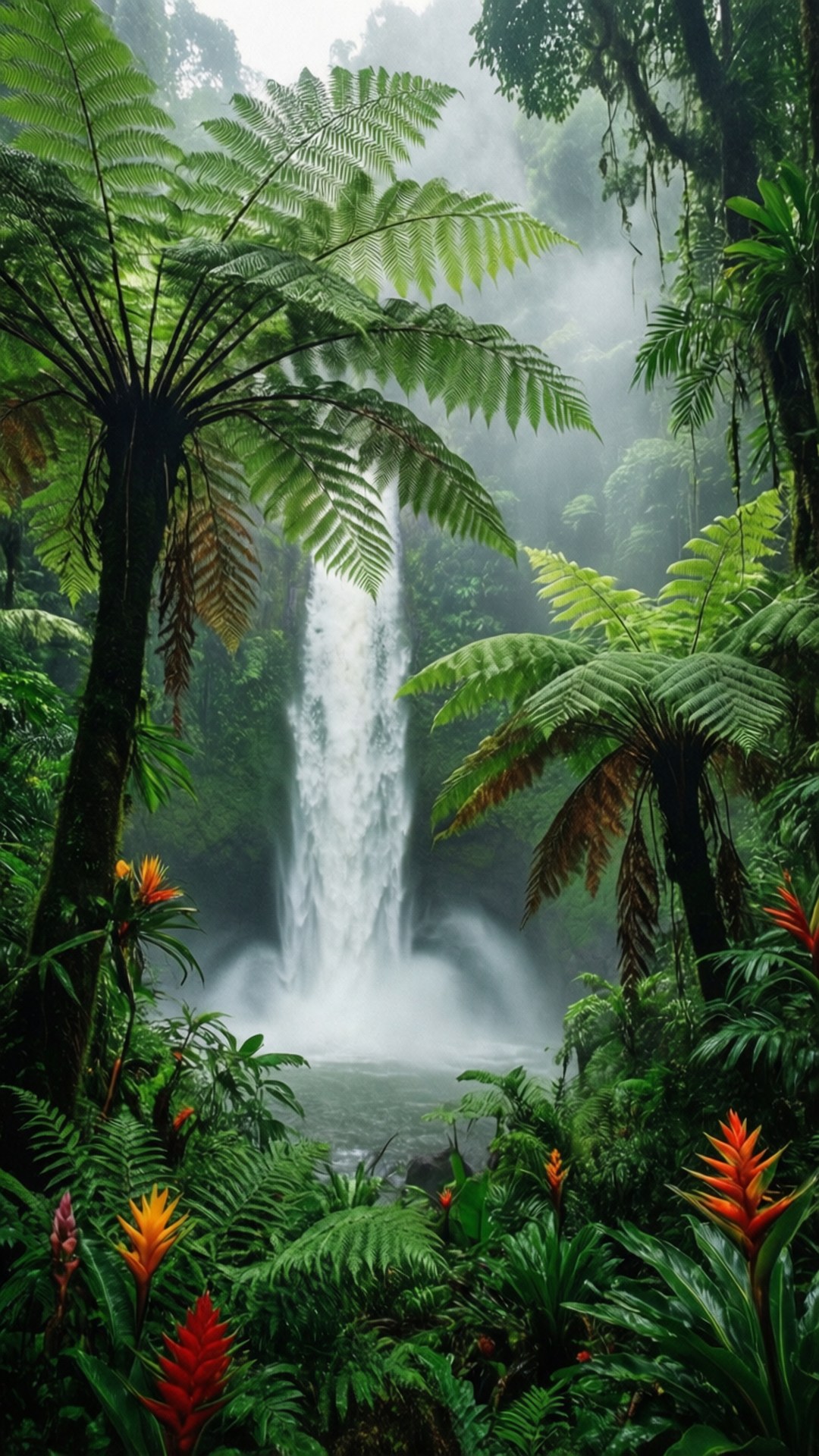 Rainforest Veil 壁紙 — 一個霧氣瀰漫的熱帶瀑布穿過茂密的綠色叢林，周圍環繞著高聳的蕨類植物和鮮豔的橙色花朵。