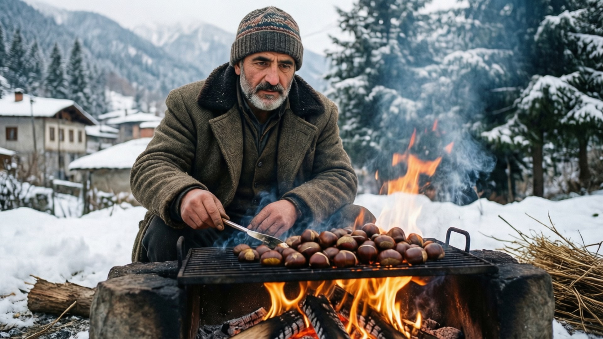 Chestnut Roast in Snow 壁紙 — 一個鬍鬚男人戴著針織帽，在白雪覆蓋的山村中，在熊熊烈火上烤栗子。