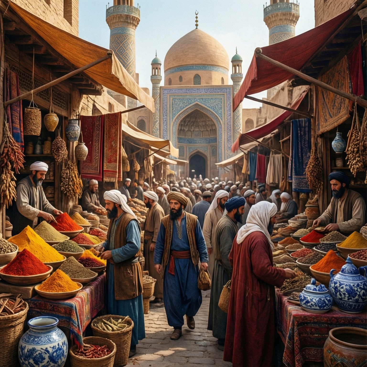 Islamic Golden Age 桌布 壁紙 — 一個熙熙攘攘的歷史市場，充滿了鮮豔的香料和紡織品，在溫暖的陽光下，背景是一座宏偉的清真寺。