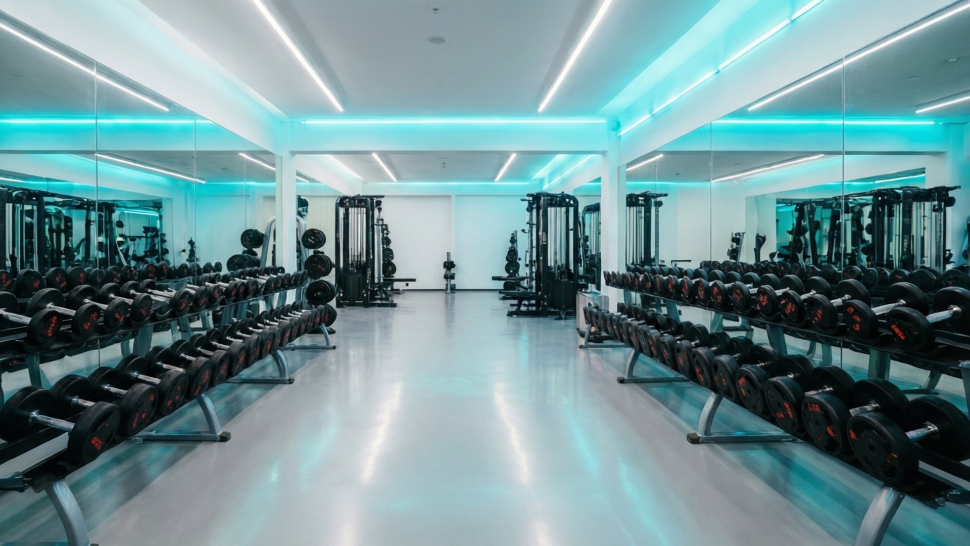Neon Gym Barbells 壁紙 — 一個現代化的健身房，在閃爍的青色燈光和鏡面牆壁下，排列著啞鈴和重量訓練機。