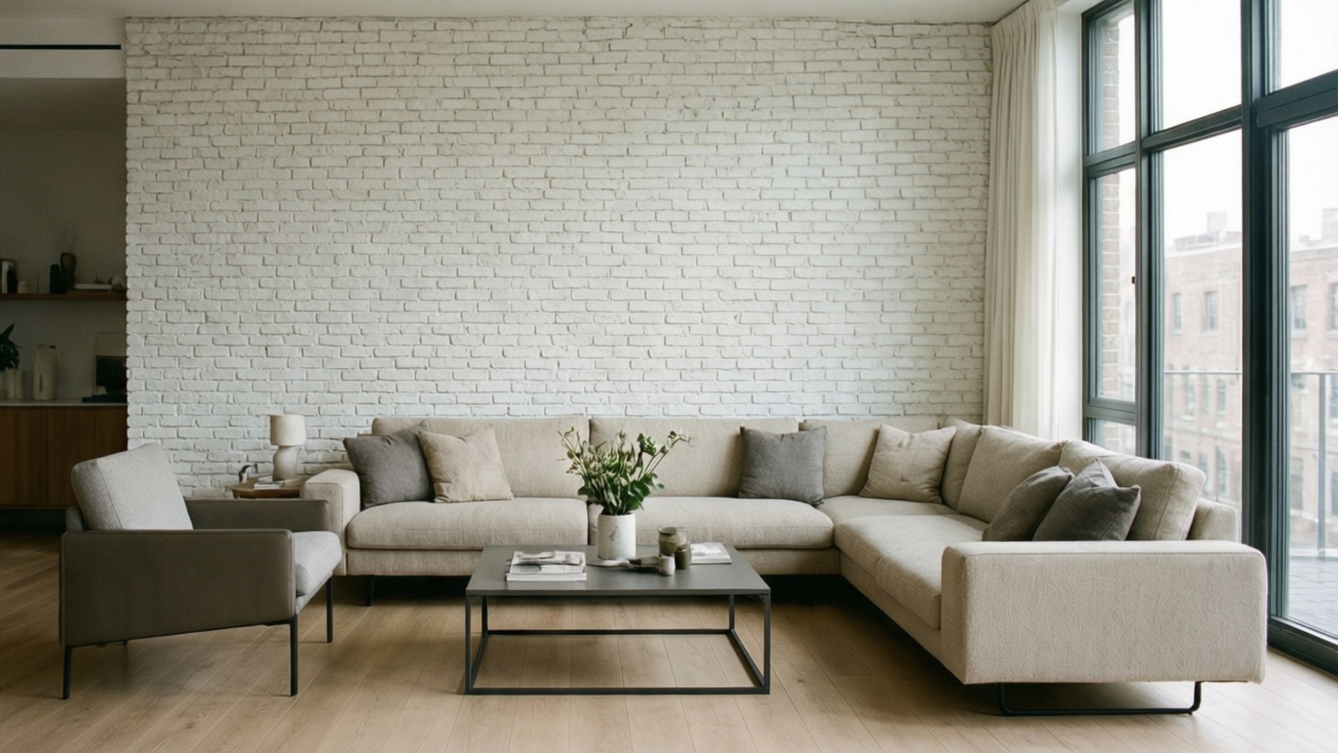Minimalist White Brick Accent 壁紙 — 一個現代客廳設有大型米色組合沙發，靠著白色磚牆，落地窗讓自然光線透入。