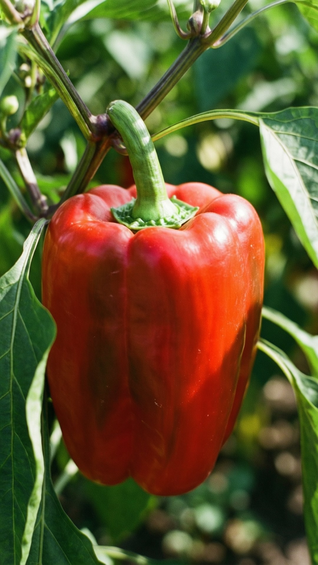 Red Pepper in Garden 壁紙 — 一個鮮紅色的甜椒在陽光下成熟且光澤地掛在莖上，周圍是茂密的綠葉。