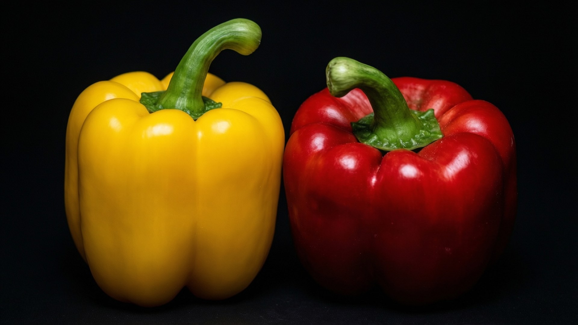 Capsicum 桌布 壁紙 — 一個鮮黃色和紅色的甜椒，帶有綠色莖，並排立在純黑色背景前。
