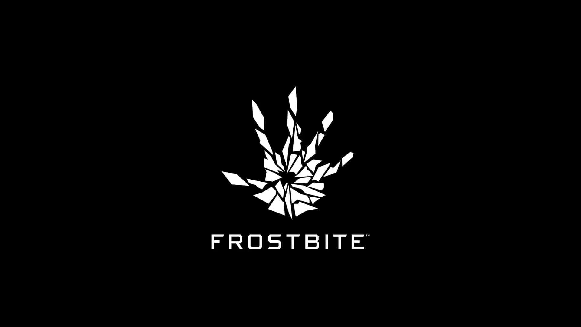 Frostbite 桌布 壁紙 — 一個鮮明的白色霜咬標誌，帶有從中心點放射出的鋸齒狀水晶碎片，背景為純黑色。