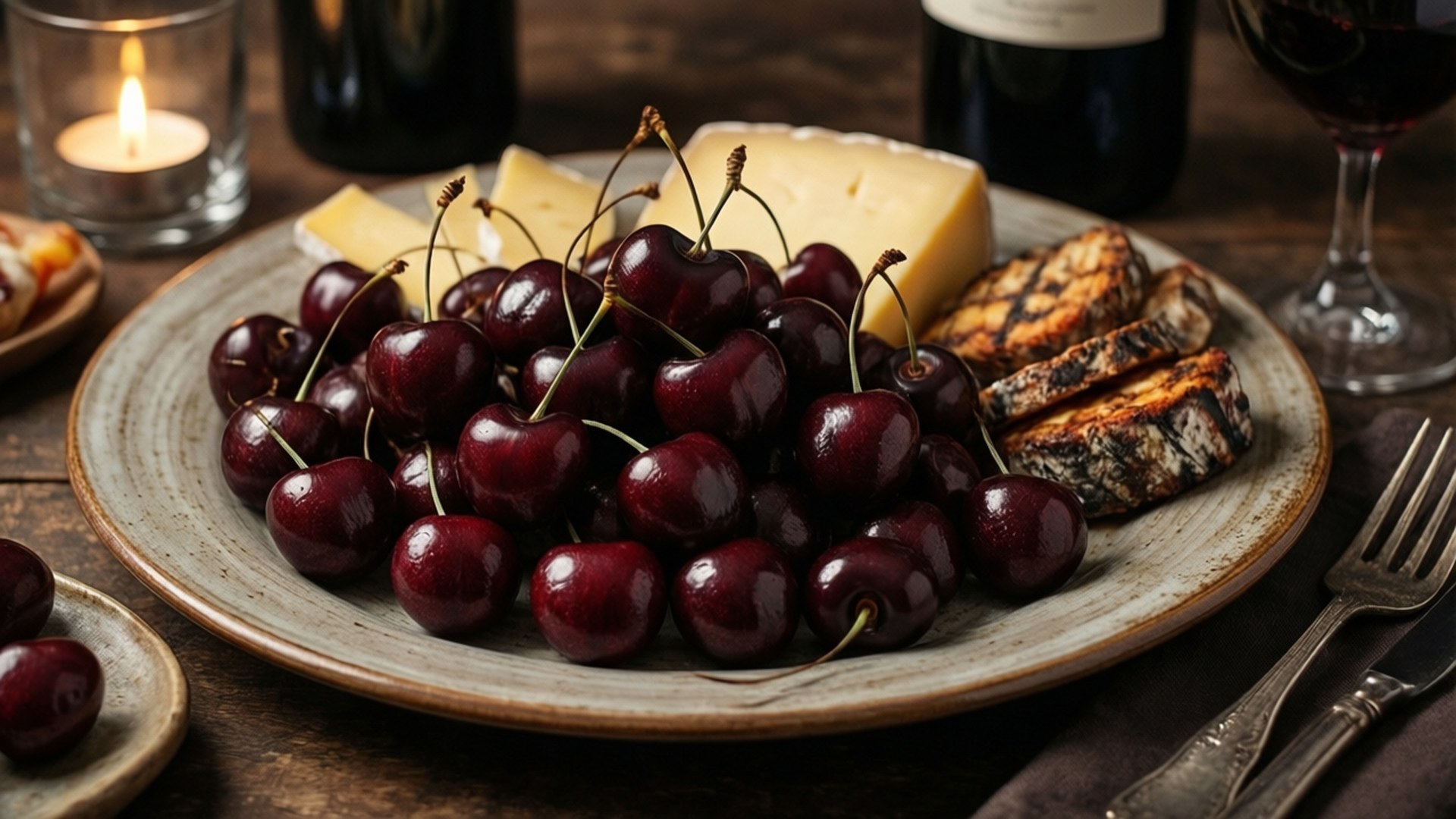 Cherry Charcuterie 壁紙 — 一個鄉村風格的盤子，上面堆滿了光澤的深色櫻桃，旁邊有烤無花果、陳年起司和酒杯，放在木桌上。