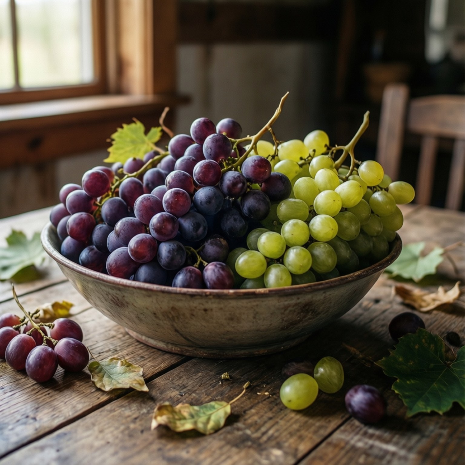 Rustic Grape Bowl 壁紙 — 一個鄉村風格的碗裝滿了紫色和綠色的葡萄，放在窗邊風化的木桌上。