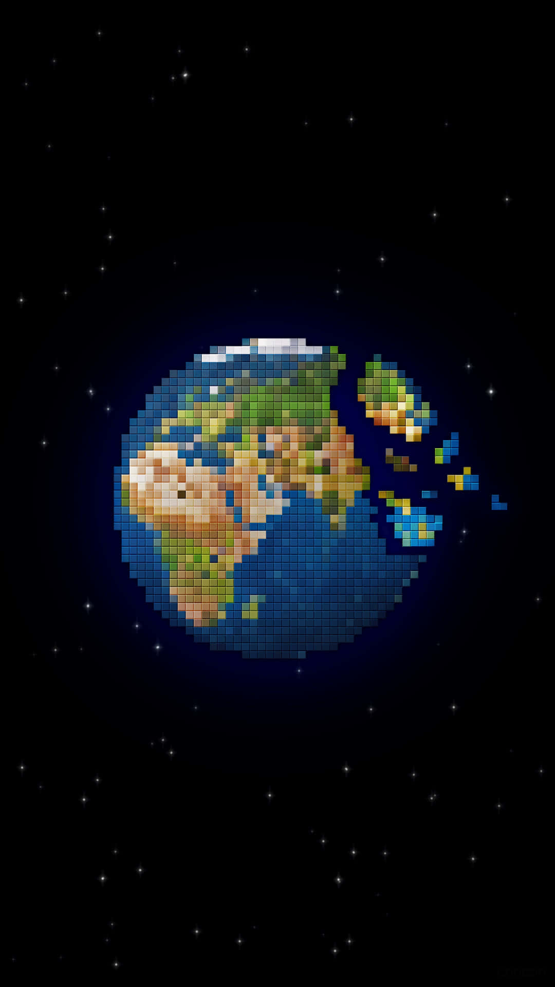  壁紙 — 一個像素化的地球，有大陸和海洋，漂浮在佈滿星星的黑色虛空中，以方塊數位藝術呈現。