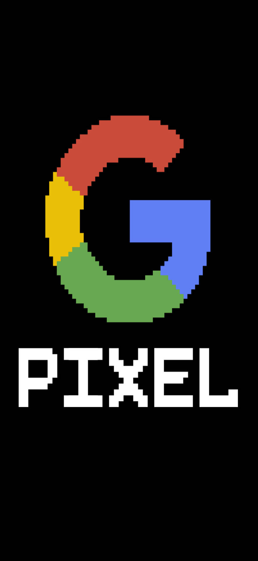 像素化的Google標誌，帶有「PIXEL」文字，背景為黑色。 — Google pixel 壁紙