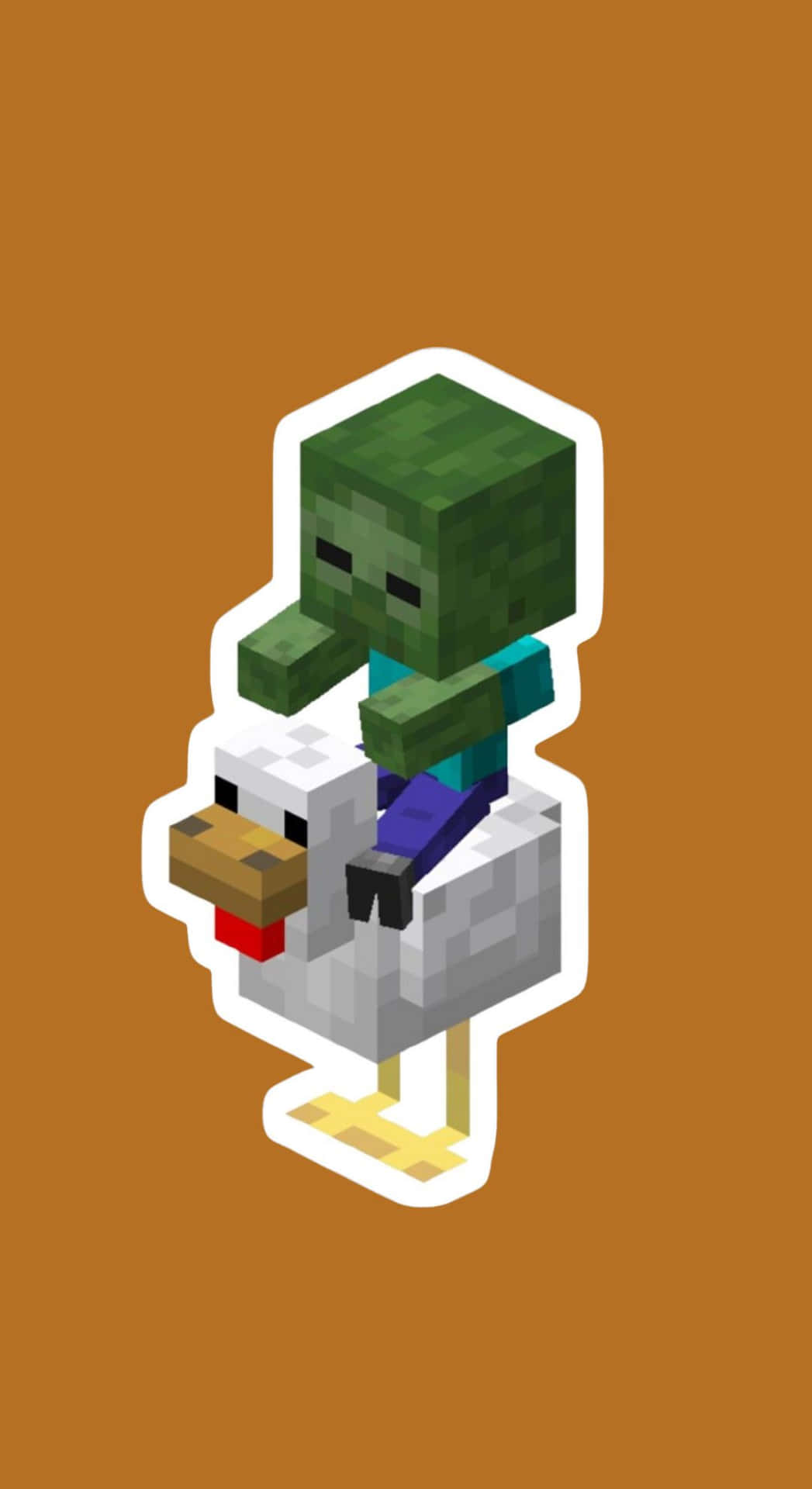  壁紙 — 一個像素化的殭屍騎著一隻雞，背景是純棕色，採用Minecraft風格。