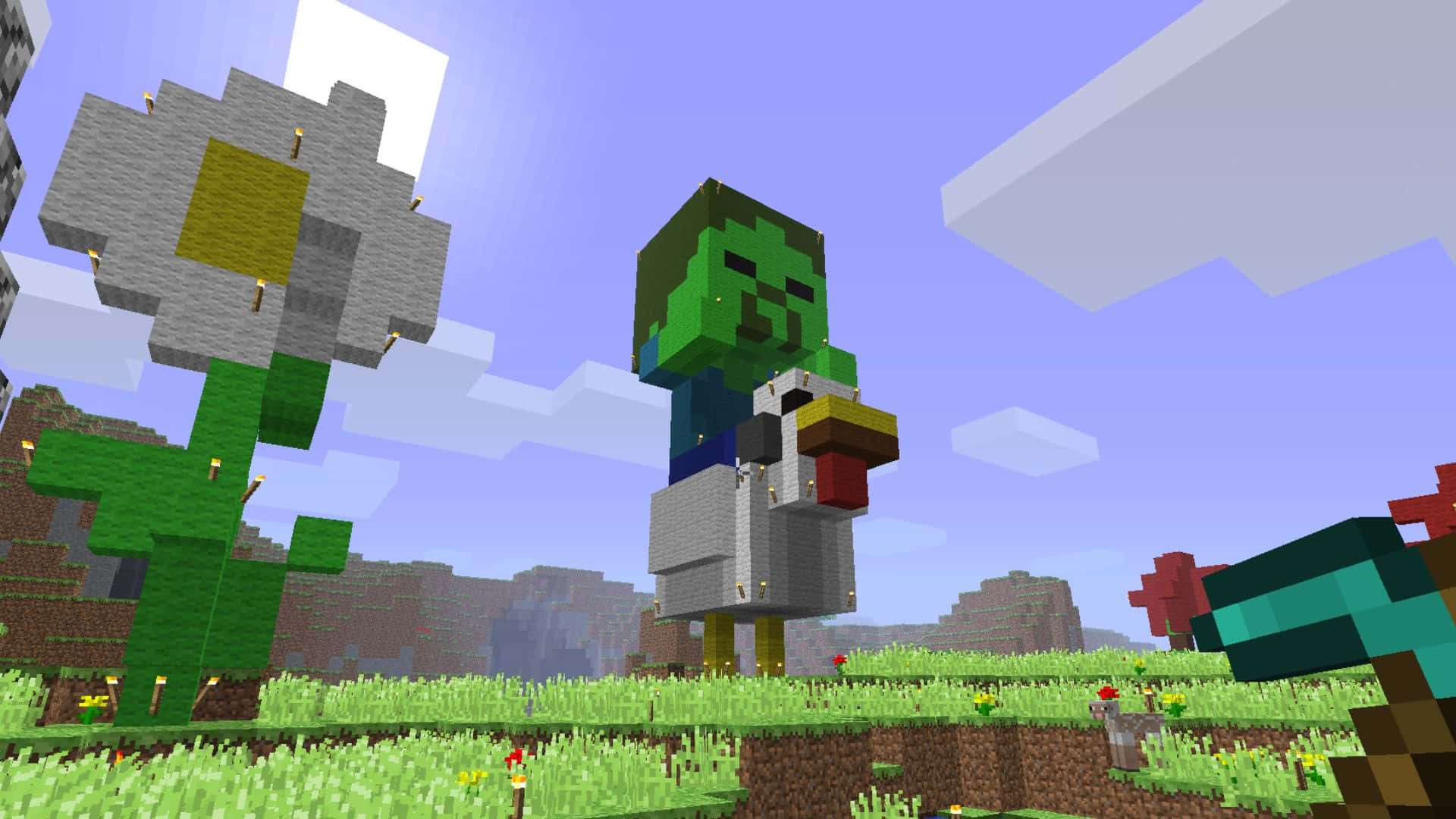  壁紙 — 一個像素化的殭屍站在長滿草的Minecraft田野上，旁邊有一朵巨大的雛菊，天空清澈湛藍。