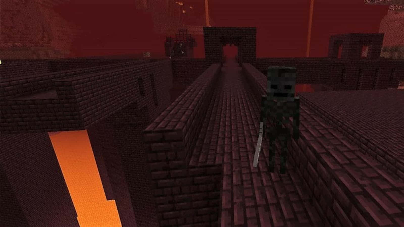  壁紙 — 一個像素化的殭屍站在磚橋上，下方是熔岩的熾熱紅色 Minecraft 地獄景觀。