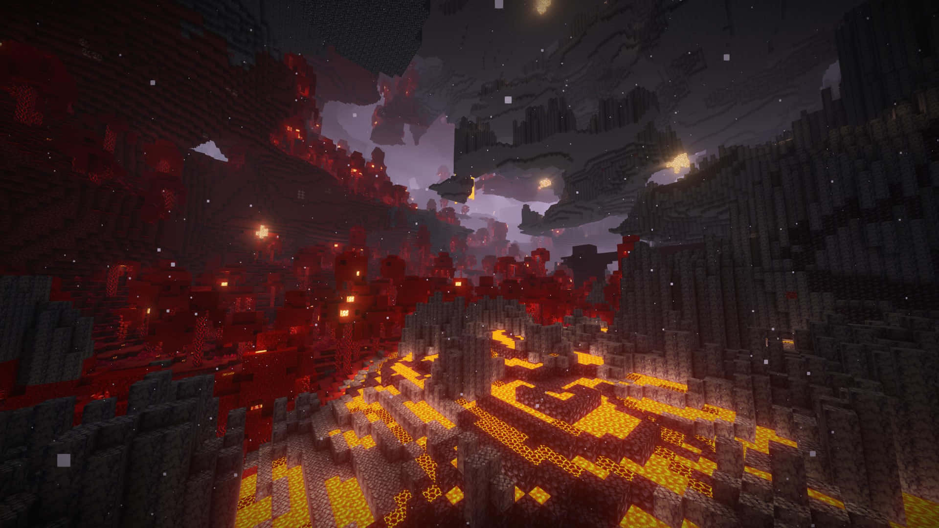  壁紙 — 一個像素化的 Minecraft 地獄景觀，有發光的熔岩河流和鋸齒狀的黑曜石懸崖，在黑暗的星空下。