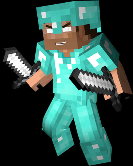 身穿青綠色盔甲、手持兩把劍的Minecraft角色 — 我的世界 鑽石 壁紙