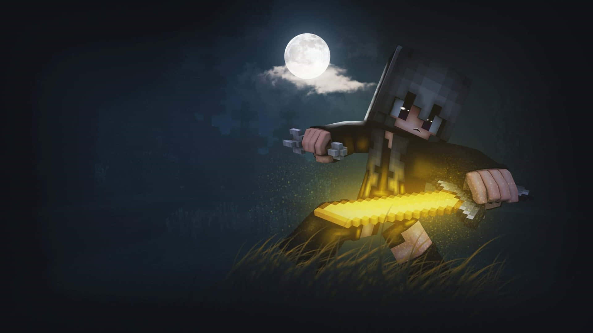  壁紙 — 一個像素化的Minecraft角色在黑暗的草地上，滿月下揮舞著發光的金色劍。