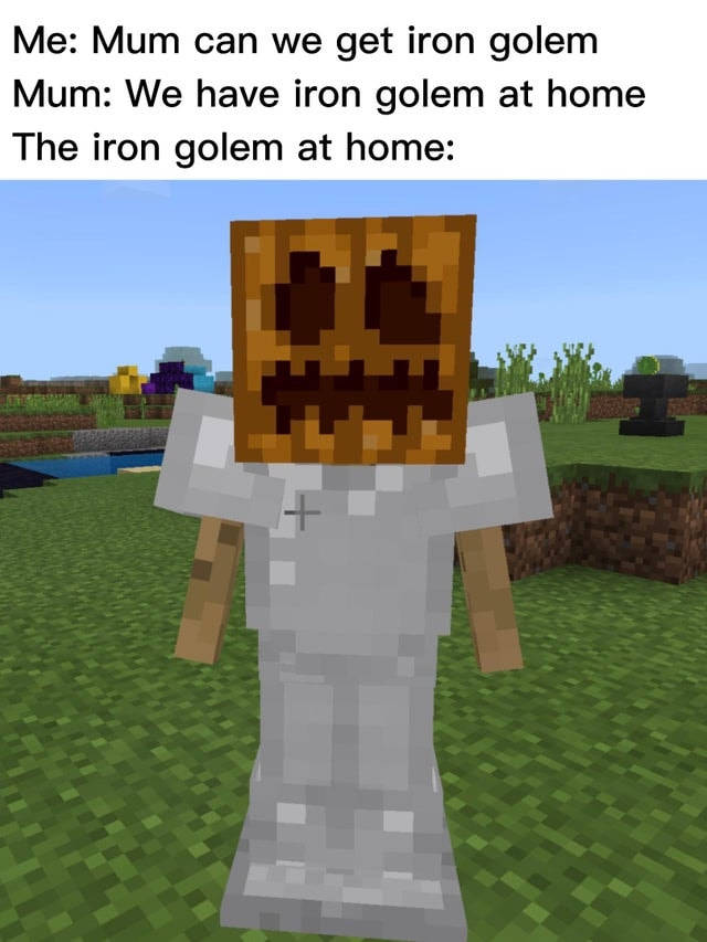 Minecraft鐵魔像南瓜頭在草地景觀中 — 我的世界迷因 壁紙