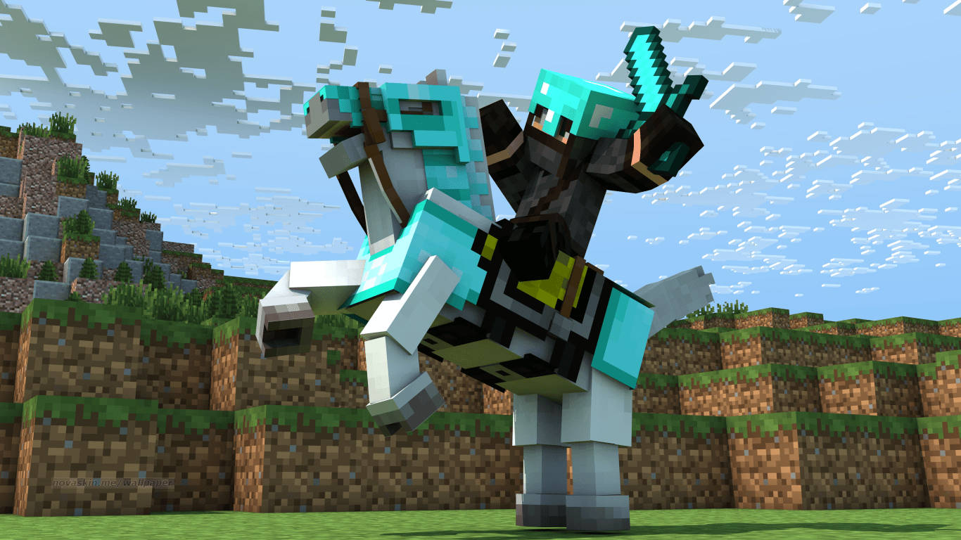 Minecraft玩家騎馬穿鑽石盔甲在草地山坡上 — 我的世界 壁紙