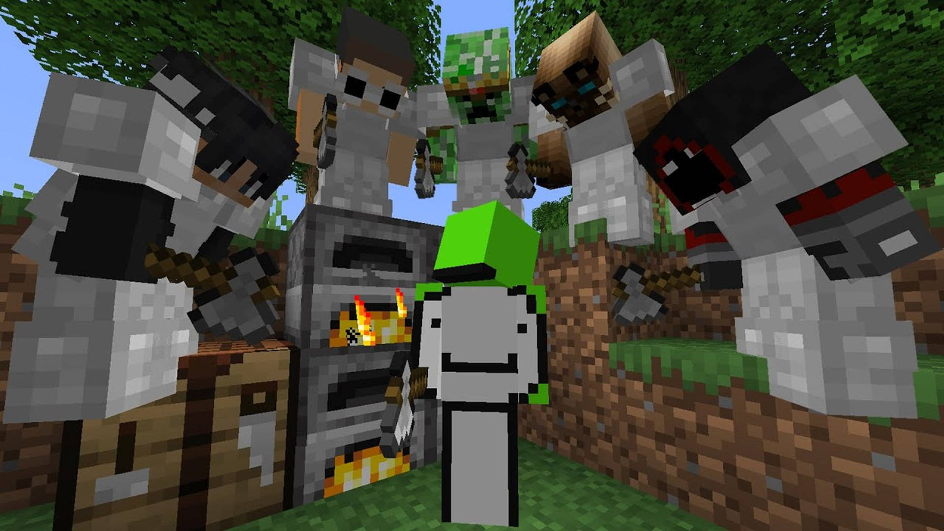 Minecraft角色在熔爐附近與敵對生物在森林中 — 我的世界 夢境 壁紙