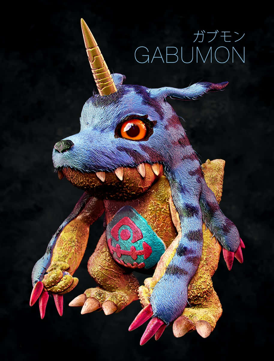 Gabumon 桌布 壁紙 — 一個詳細的3D渲染數碼寶貝加布獸，擁有藍色毛皮、金色角和橙色眼睛，背景為深色。