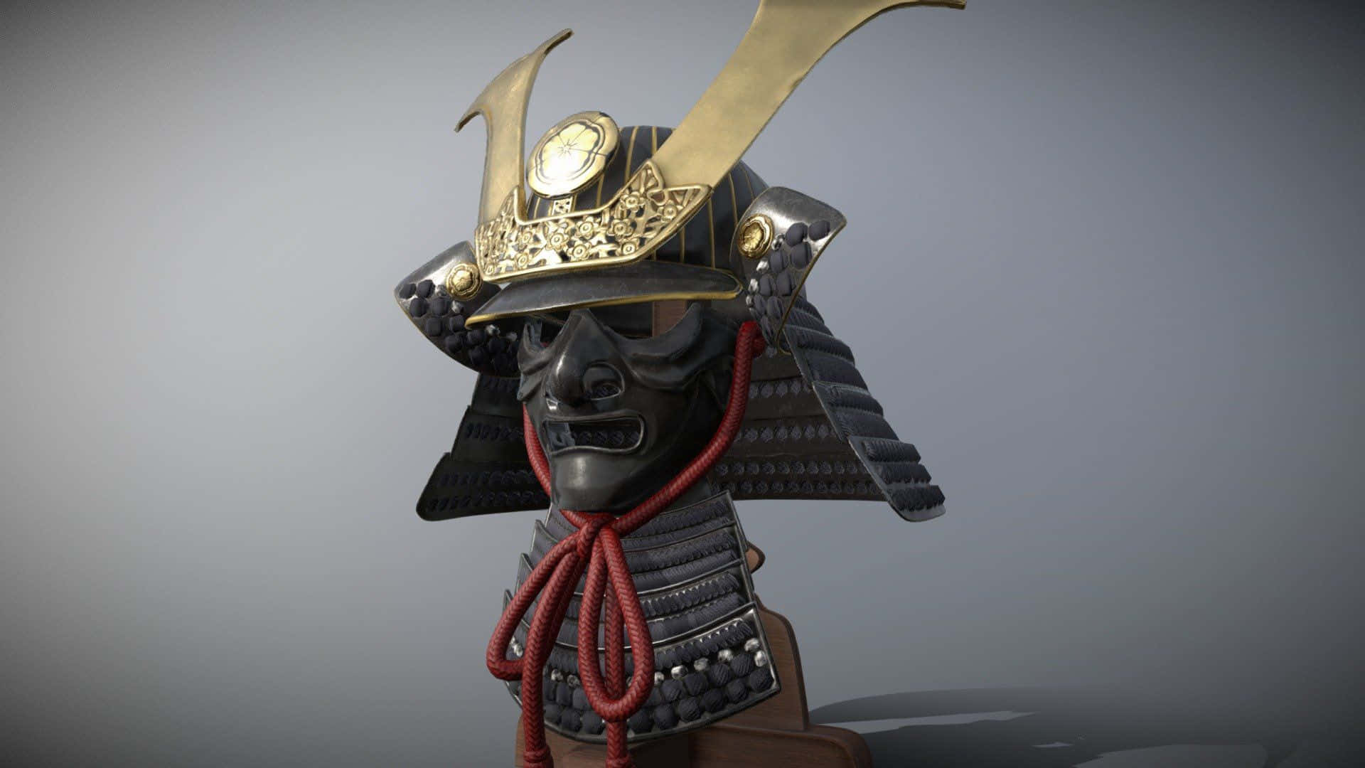  壁紙 — 一個詳細的3D渲染武士頭盔，帶有金色裝飾和紅色繩索，背景為灰色工作室。