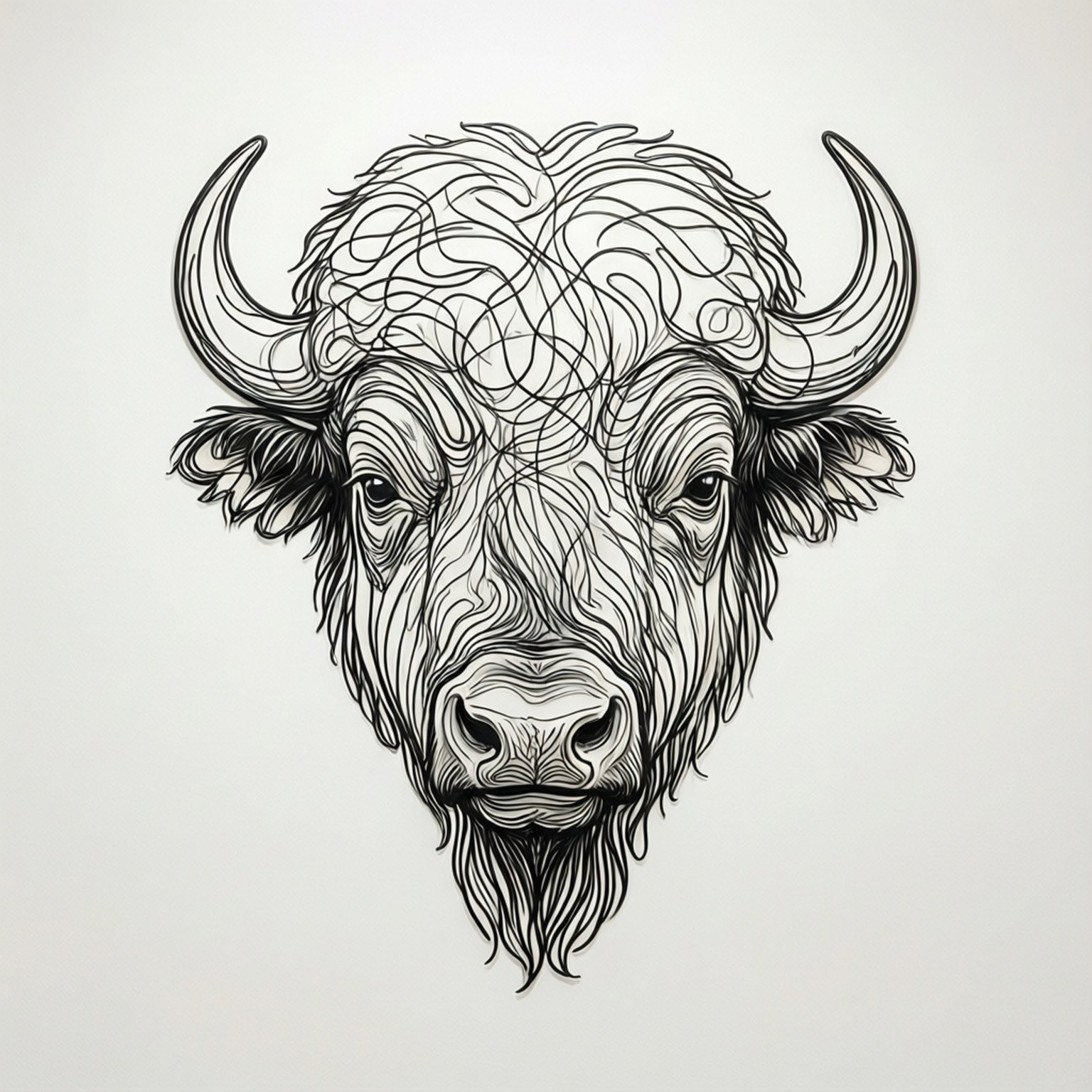 Line Art Buffalo Head 壁紙 — 一個詳細的黑色線條繪畫，描繪一頭水牛的頭部，帶有彎曲的角和紋理皮毛，背景為純白色。