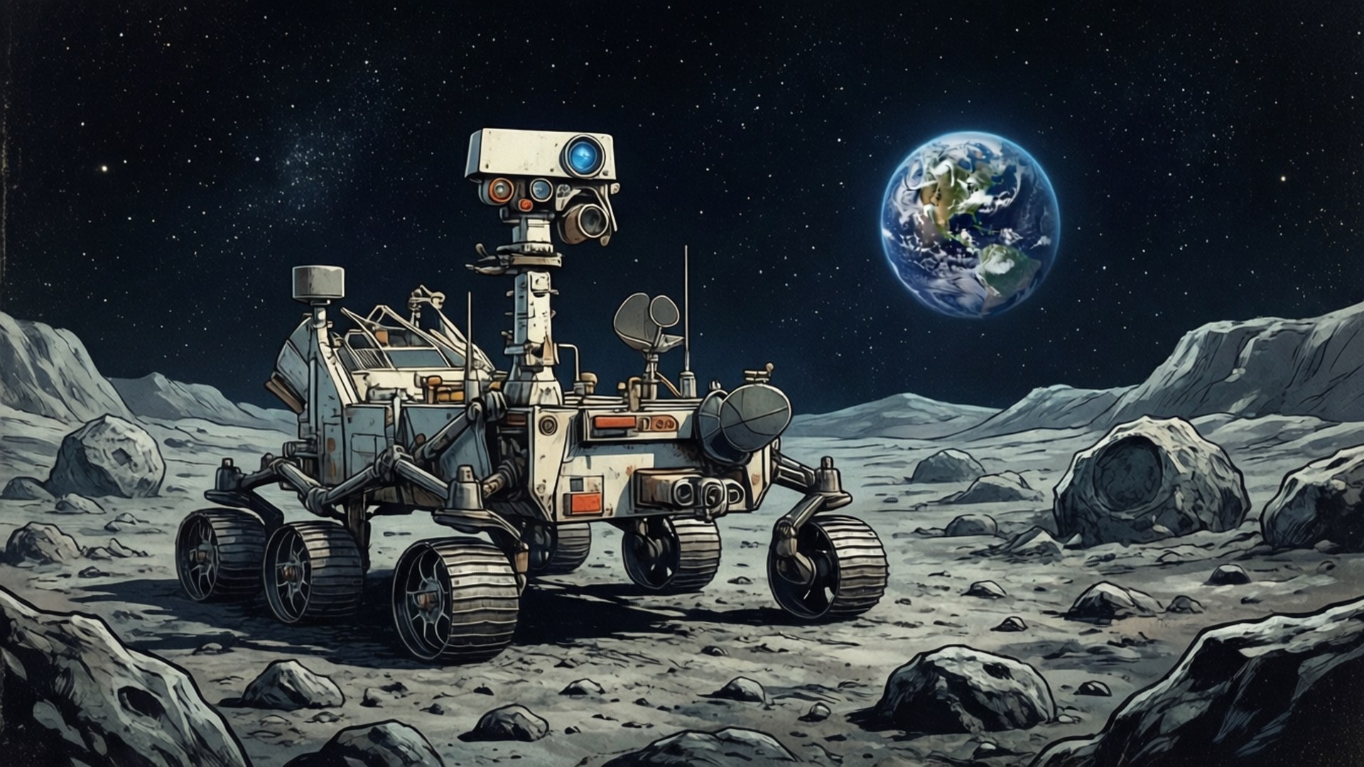 Space Rover 桌布 壁紙 — 一個詳細的探測車在星空下探索岩石外星景觀，地球在遠處發光。