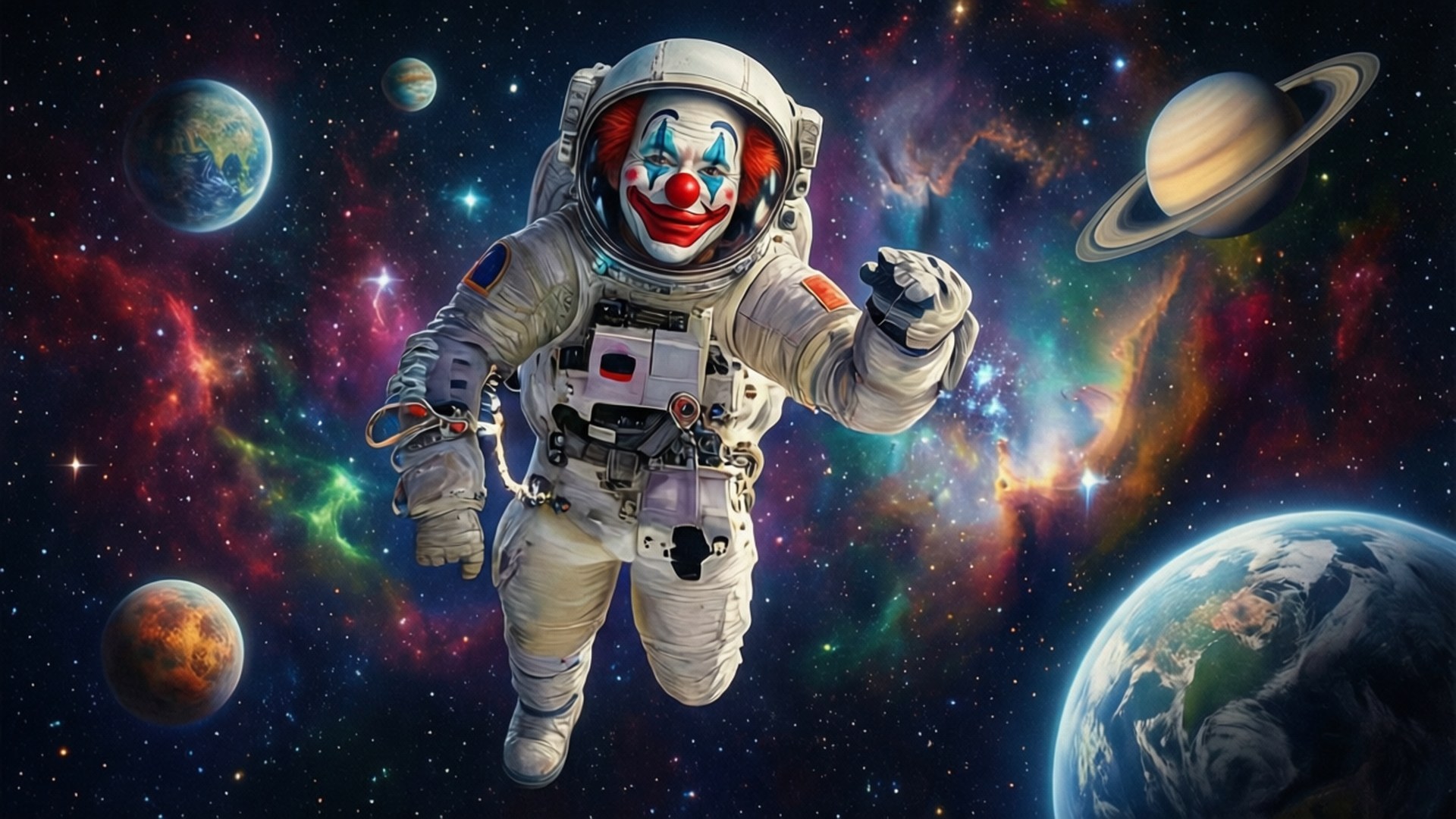 Space Clown Astronaut 壁紙 — 一個小丑太空人在太空中漂浮，周圍是充滿活力的星雲和行星，包括地球和土星。