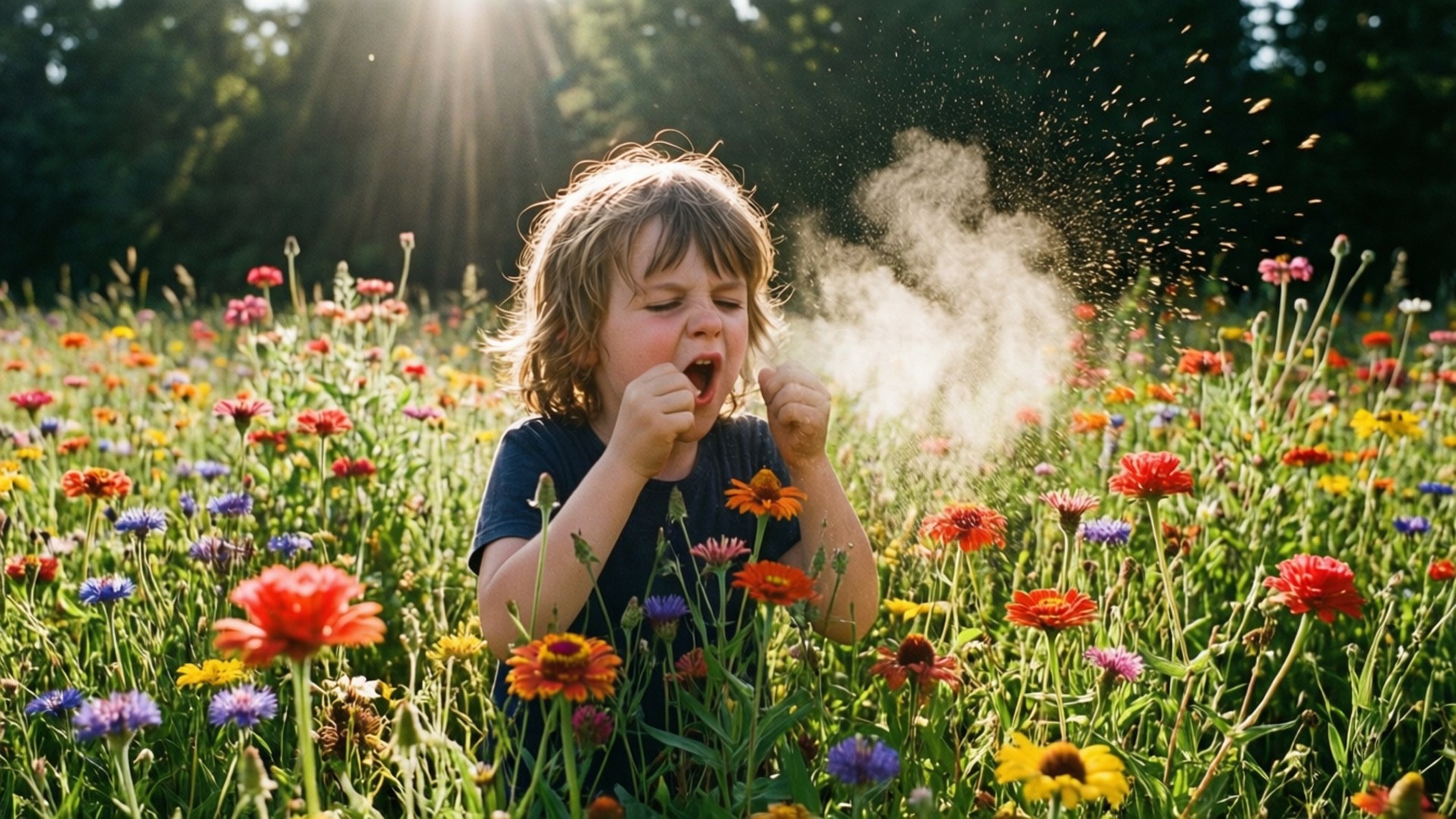 Sneeze 桌布 壁紙 — 一個小孩在陽光明媚、開滿五顏六色野花的草地上開心地大笑。
