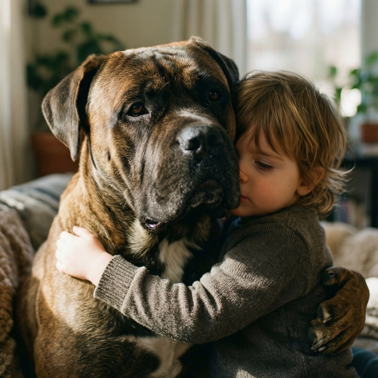 卡斯羅犬 桌布 壁紙 — 一個小孩在陽光普照、舒適的客廳裡，用柔和自然光擁抱一隻大型虎斑狗。