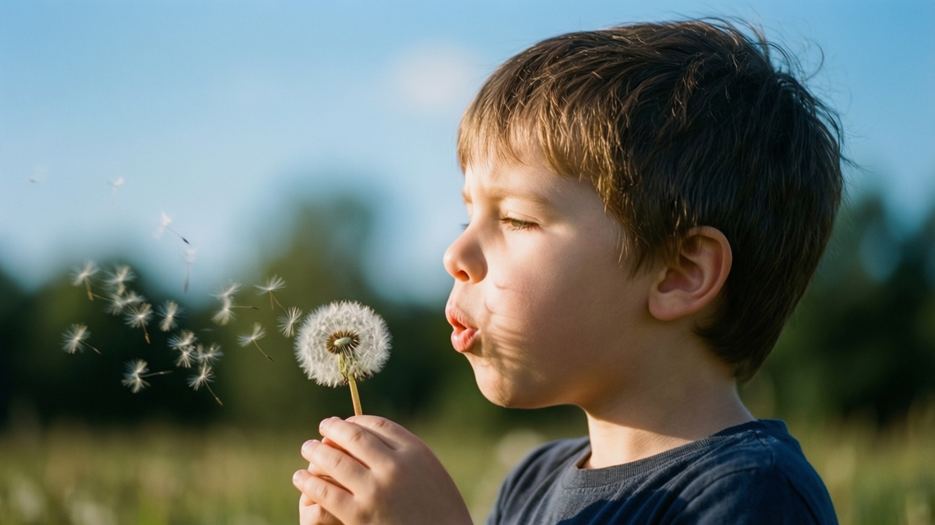 Boy Blowing Dandelion 壁紙 — 一個小男孩吹蒲公英，將種子釋放到明亮的藍天中。