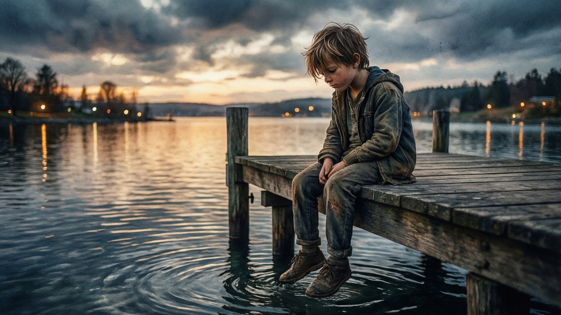 Pier Evening 壁紙 — 一個小男孩獨自坐在黃昏的木碼頭上，雙腳懸在漣漪的水中，天空多雲。