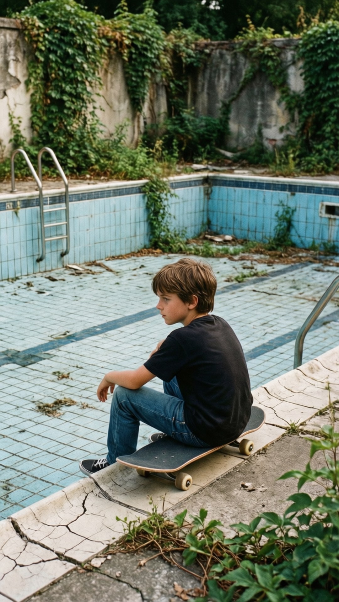 Abandoned Pool Vibes 壁紙 — 一個小男孩坐在滑板上，位於一個雜草叢生、瓷磚破裂、常春藤爬滿牆壁的廢棄游泳池邊緣。