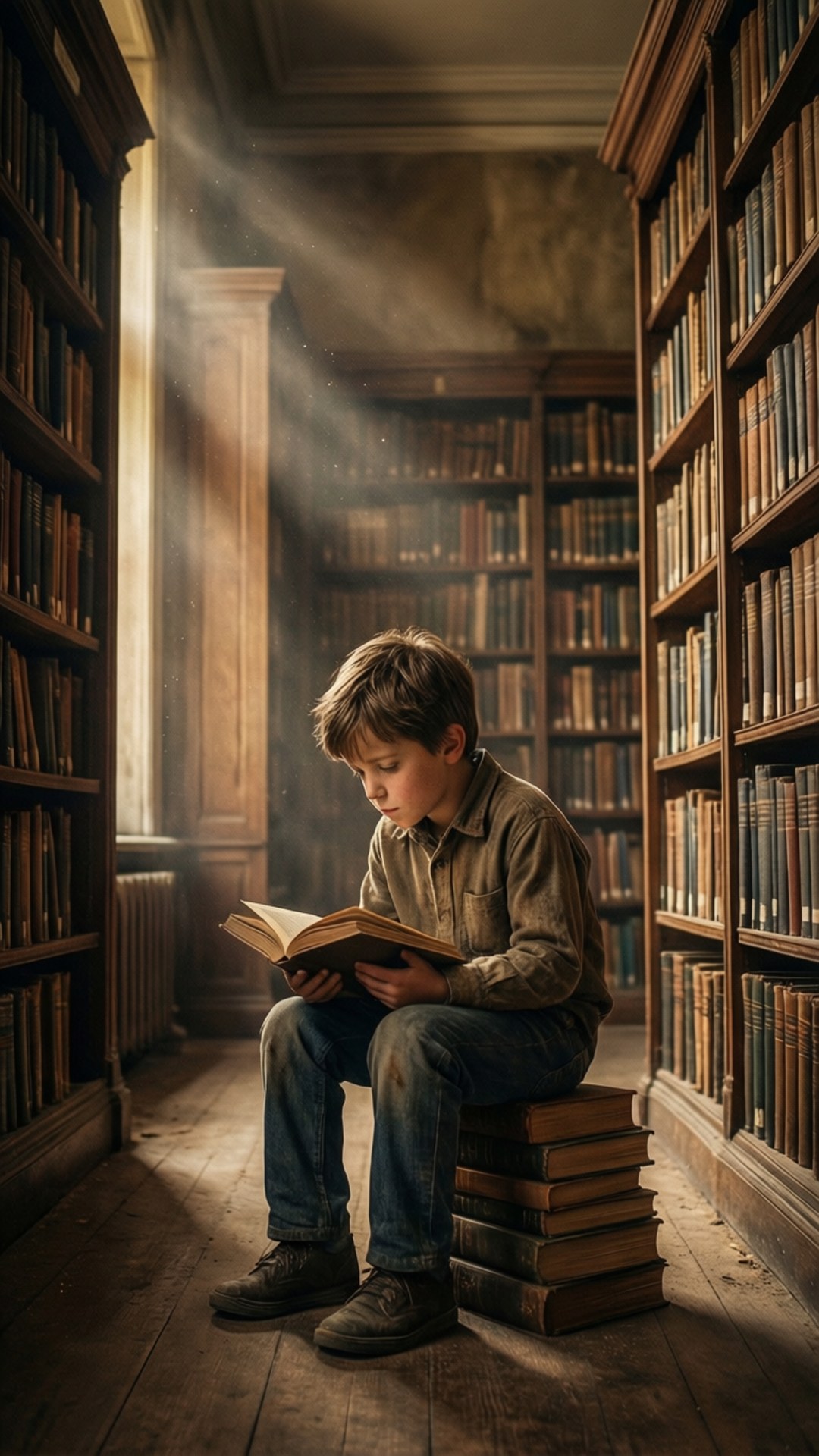 Library Solace 壁紙 — 一個小男孩盤腿坐在一堆書上，身處陽光普照的圖書館走廊，周圍是高聳的木製書架，裝滿了舊書。