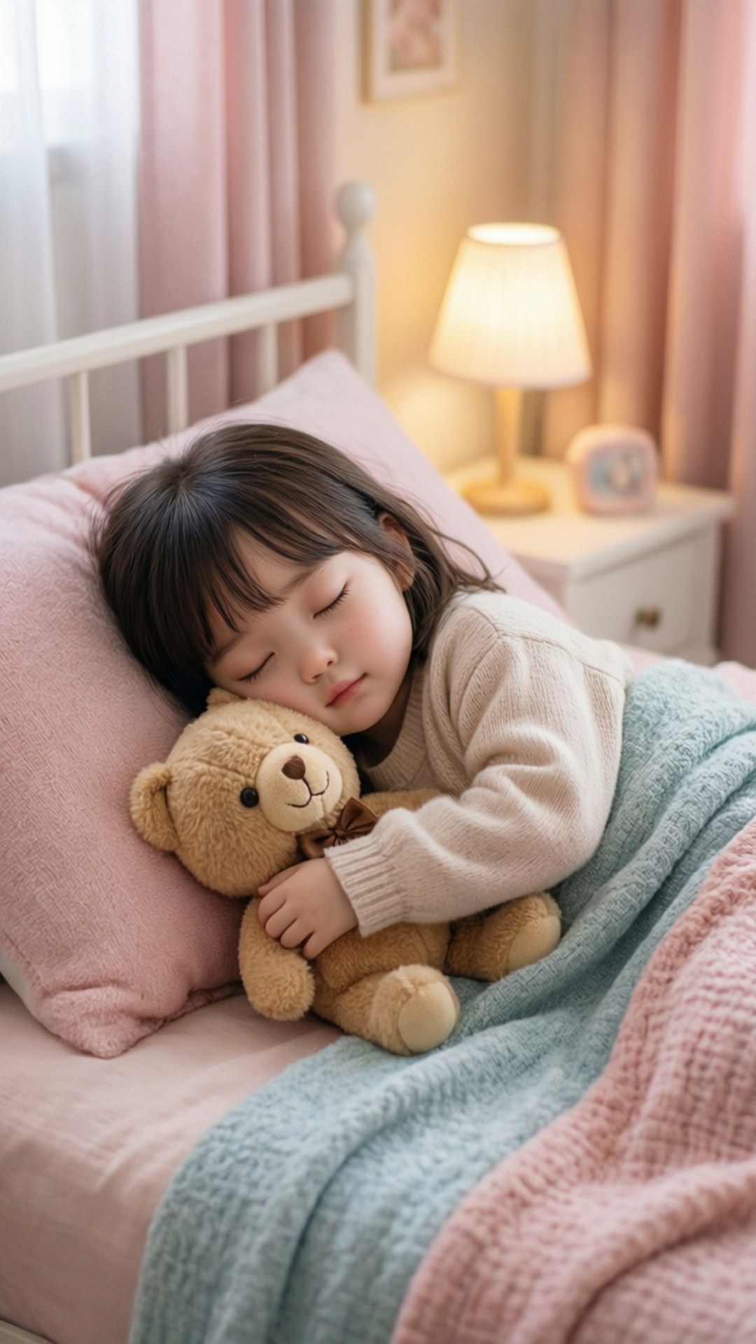 Cozy Bedtime Pekkle 壁紙 — 一個小女孩在舒適的床上安詳地睡著，抱著一隻泰迪熊，蓋著柔軟的粉紅色和藍色毯子。